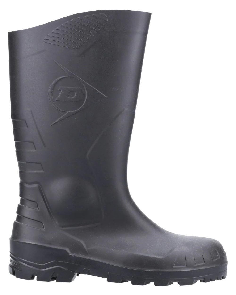 Black coloured Dunlop Devon Full Safety Wellingtons on white background 