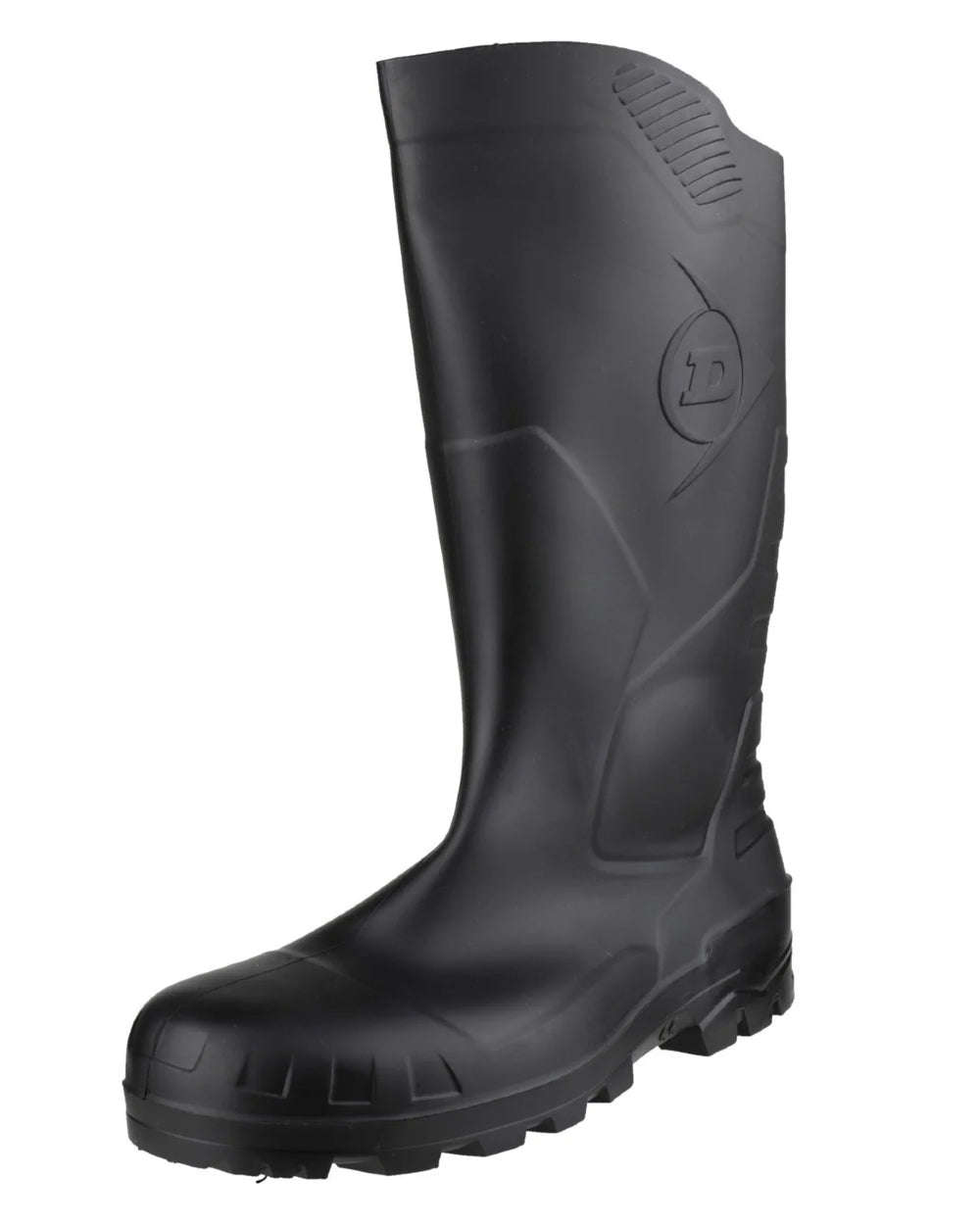 Black coloured Dunlop Devon Full Safety Wellingtons on white background 