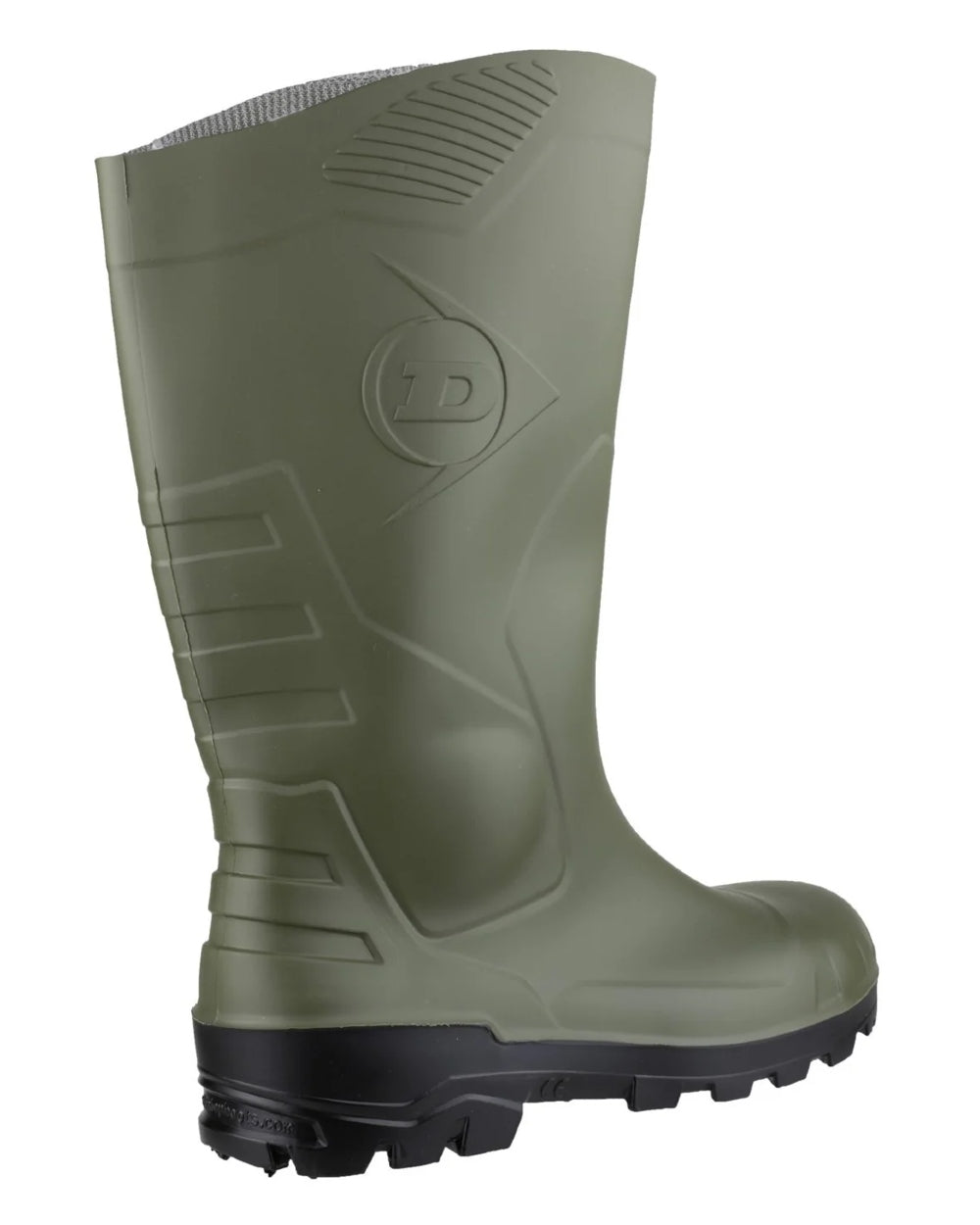 Green coloured Dunlop Devon Full Safety Wellingtons on white background 