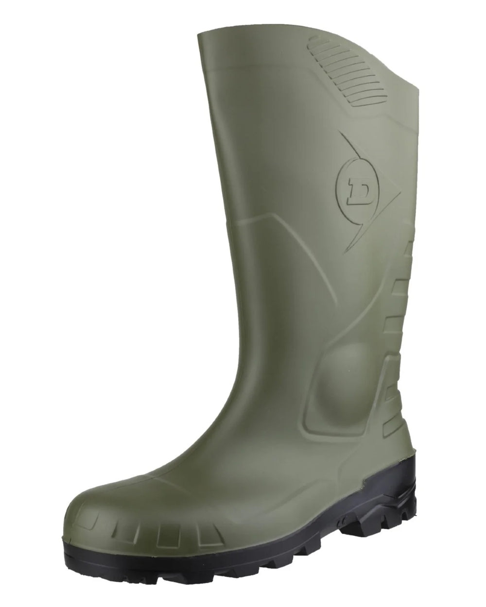 Green coloured Dunlop Devon Full Safety Wellingtons on white background 