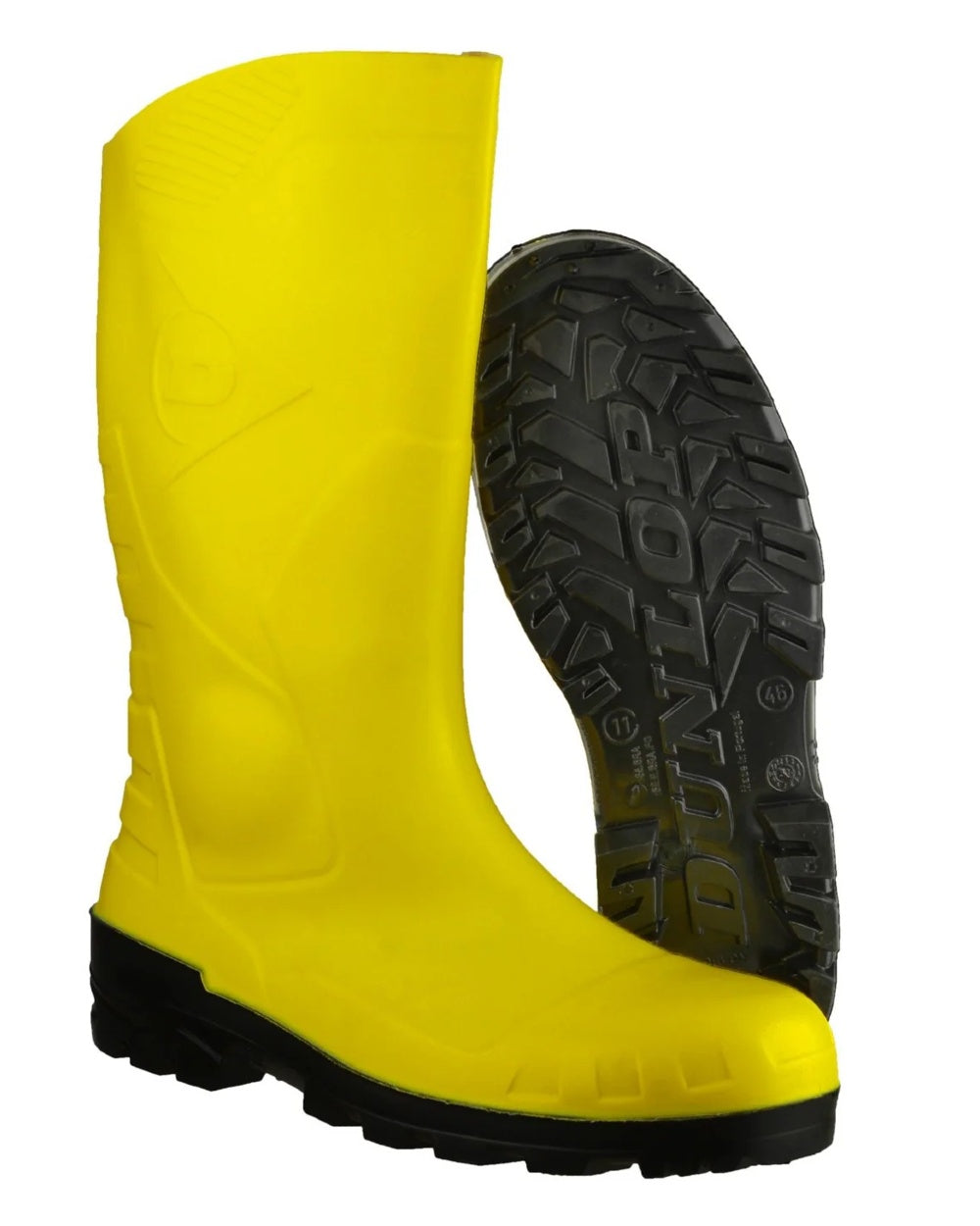 Yellow coloured Dunlop Devon Full Safety Wellingtons on white background 