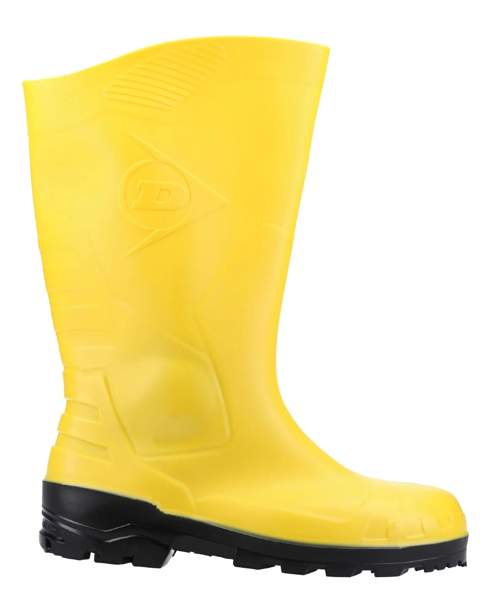 Yellow coloured Dunlop Devon Full Safety Wellingtons on white background 