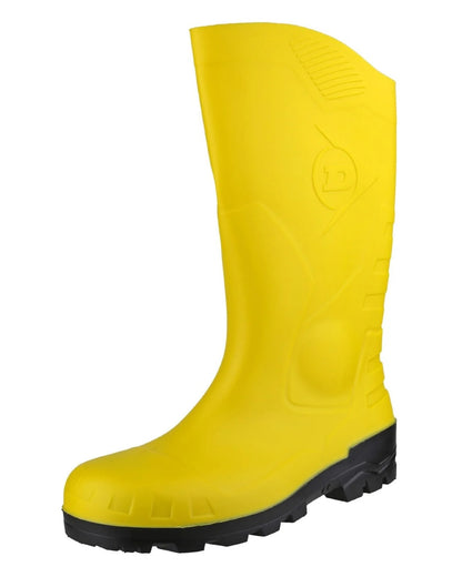 Yellow coloured Dunlop Devon Full Safety Wellingtons on white background 