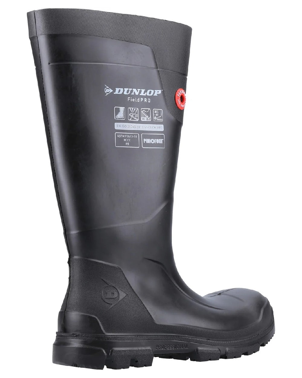 Black coloured Dunlop FieldPro Full Safety Wellingtons on white background 