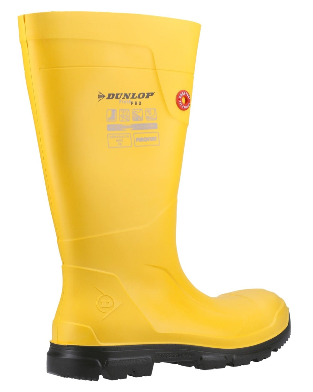 Yellow coloured Dunlop FieldPro Full Safety Wellingtons on white background 