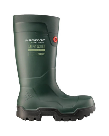 Heritage Green/Black coloured Dunlop FieldPro Thermo Plus Safety Wellingtons on white background 
