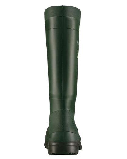 Green coloured Dunlop FieldPro Wellingtons on white background 