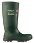 Green coloured Dunlop FieldPro Wellingtons on white background 