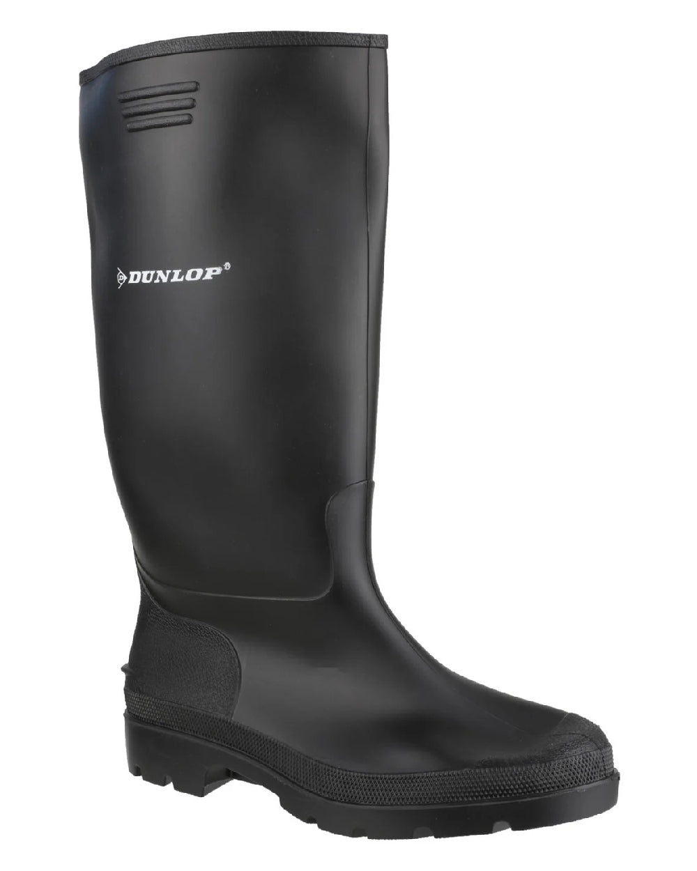 Black coloured Dunlop Pricemastor Wellingtons on white background 