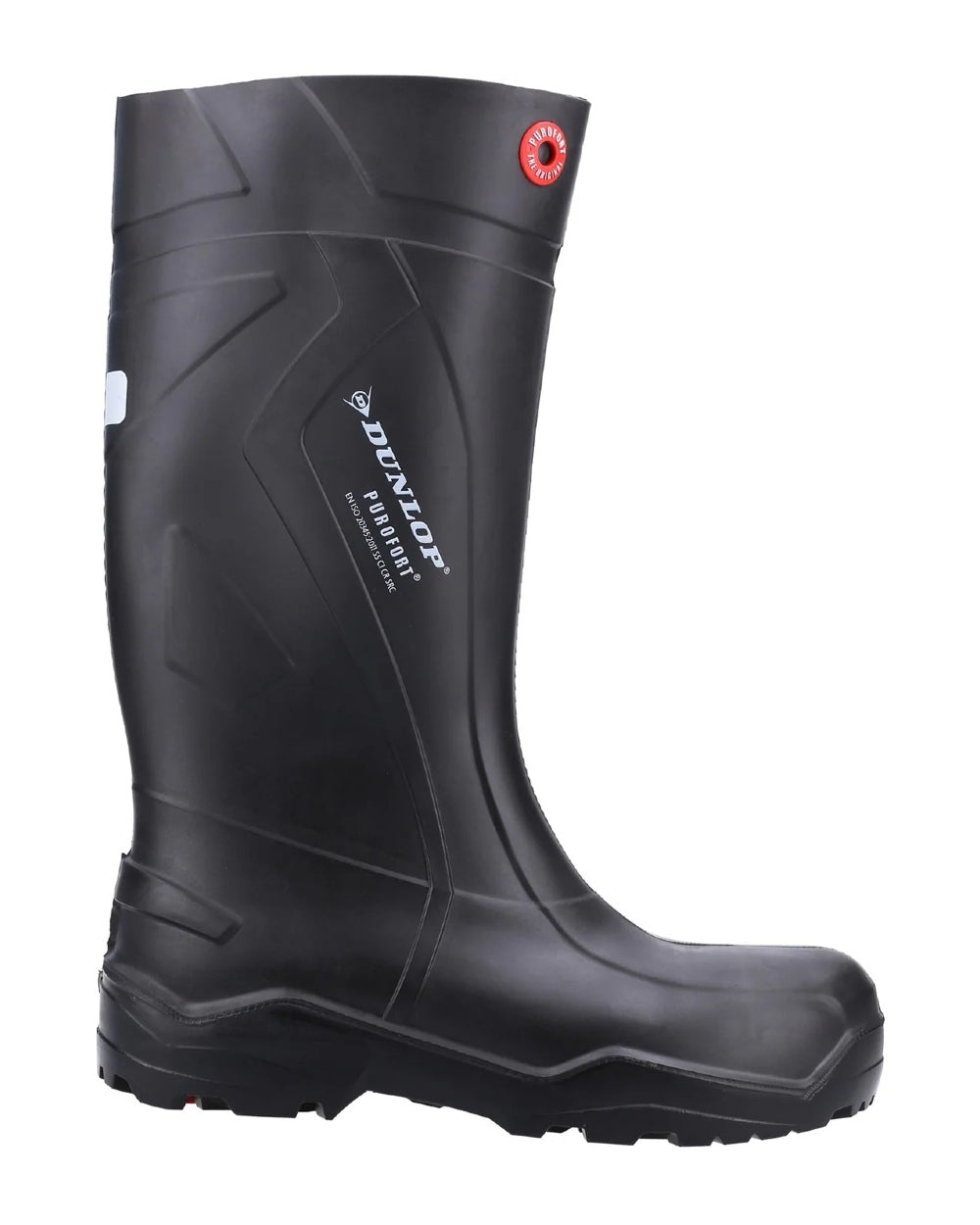 Black coloured Dunlop Purofort+ Full Safety Wellington on white background
