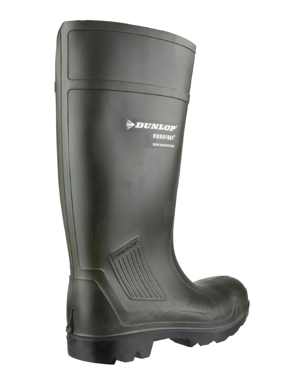 Green coloured Dunlop Purofort Professional Full Safety Wellingtons on white background 