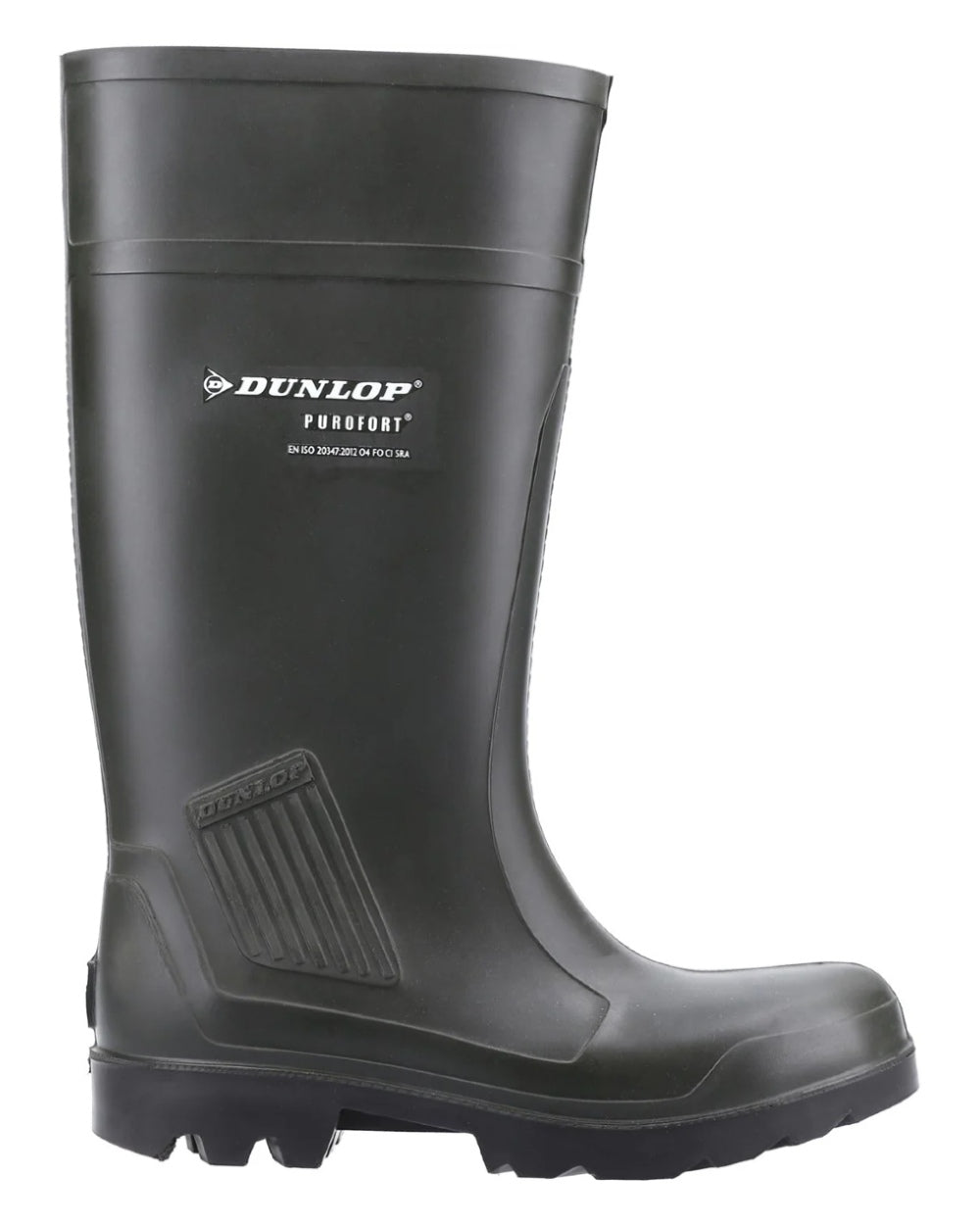 Green coloured Dunlop Purofort Professional Full Safety Wellingtons on white background 