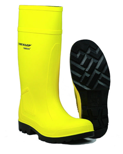 Yellow coloured Dunlop Purofort Professional Full Safety Wellingtons on white background 