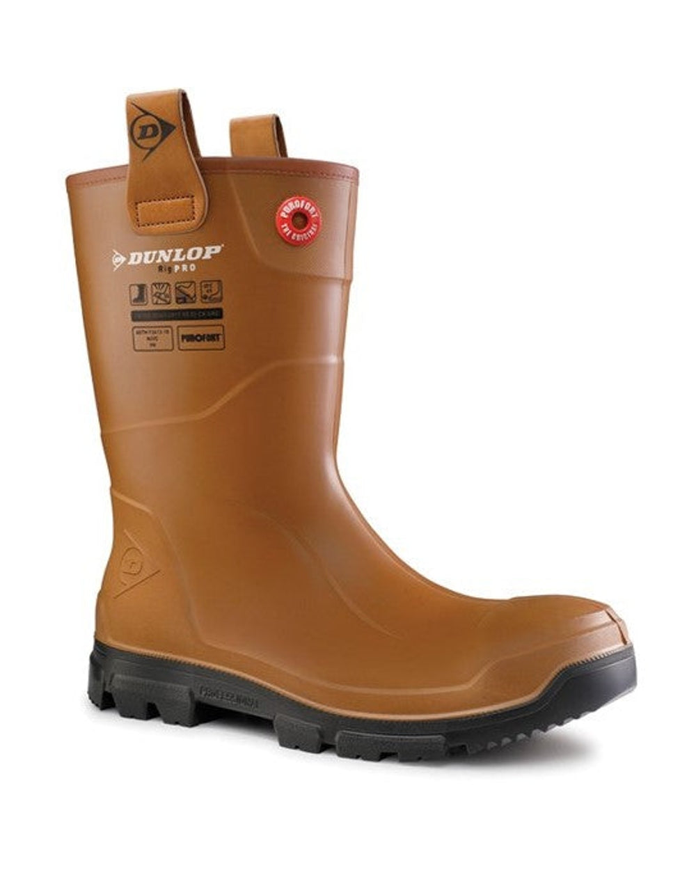 Brown/Black coloured Dunlop Purofort RigPRO Full Safety Wellingtons on white background 