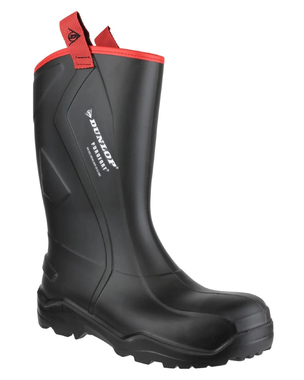 Black coloured Dunlop Purofort+ Rugged Full Safety Wellingtons on white background 