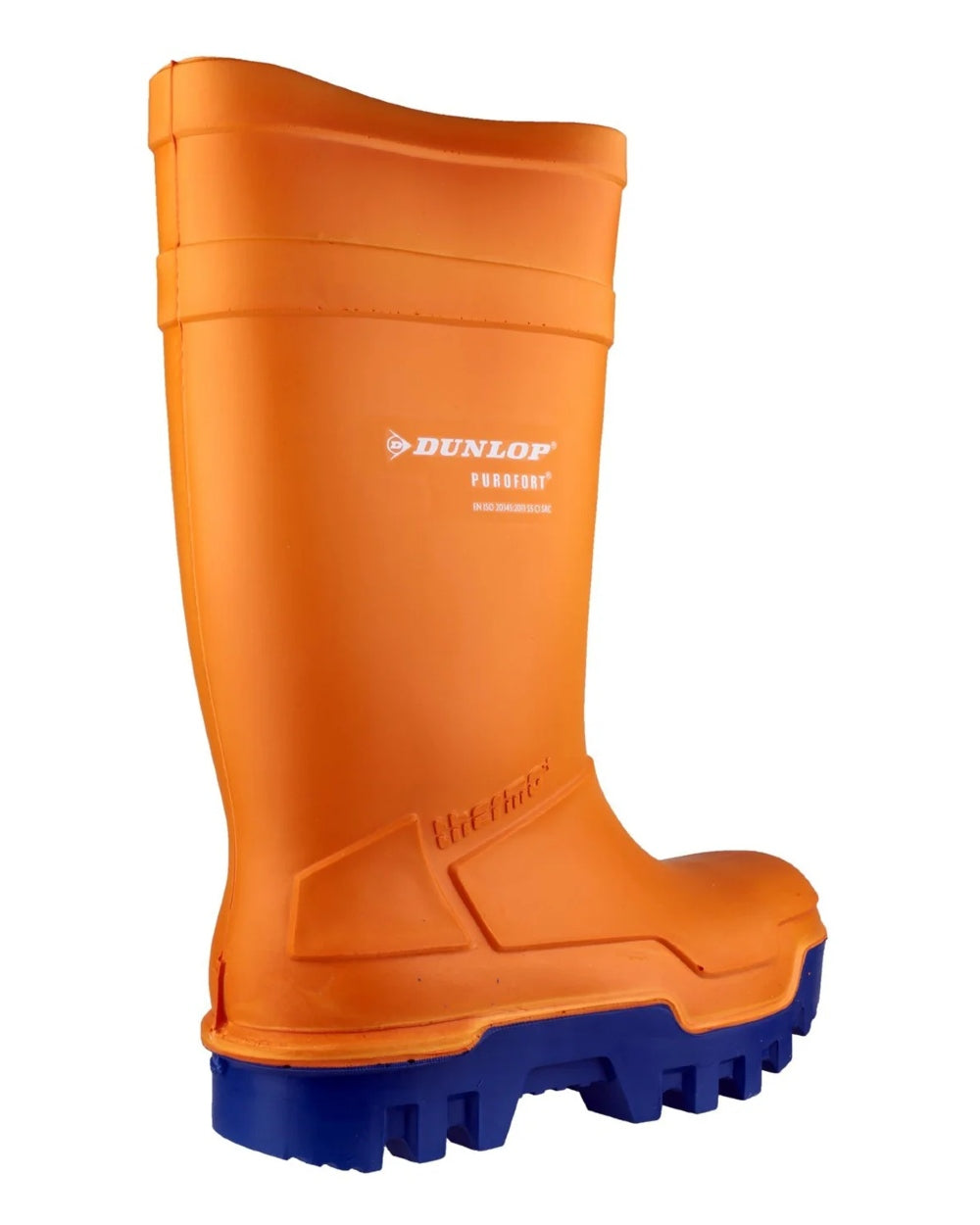 Orange coloured Dunlop Purofort Thermo+ Full Safety Wellington on white background 