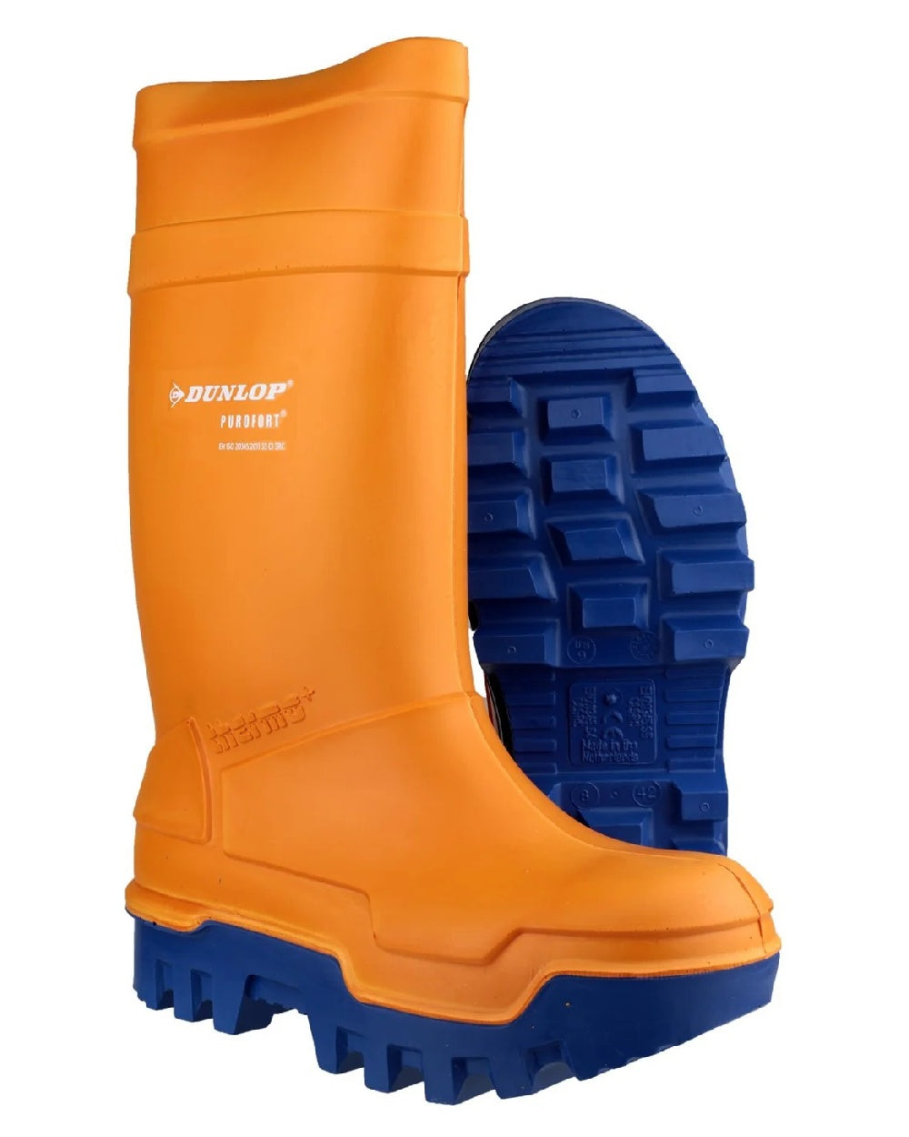 Orange coloured Dunlop Purofort Thermo+ Full Safety Wellington on white background 