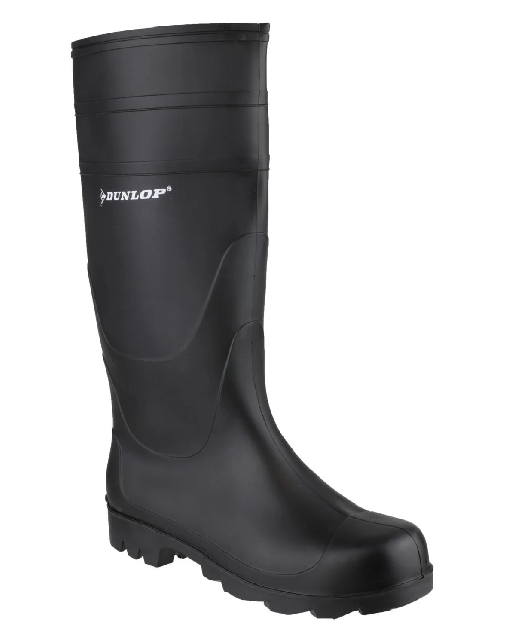 Black coloured Dunlop Universal Wellingtons on white background 