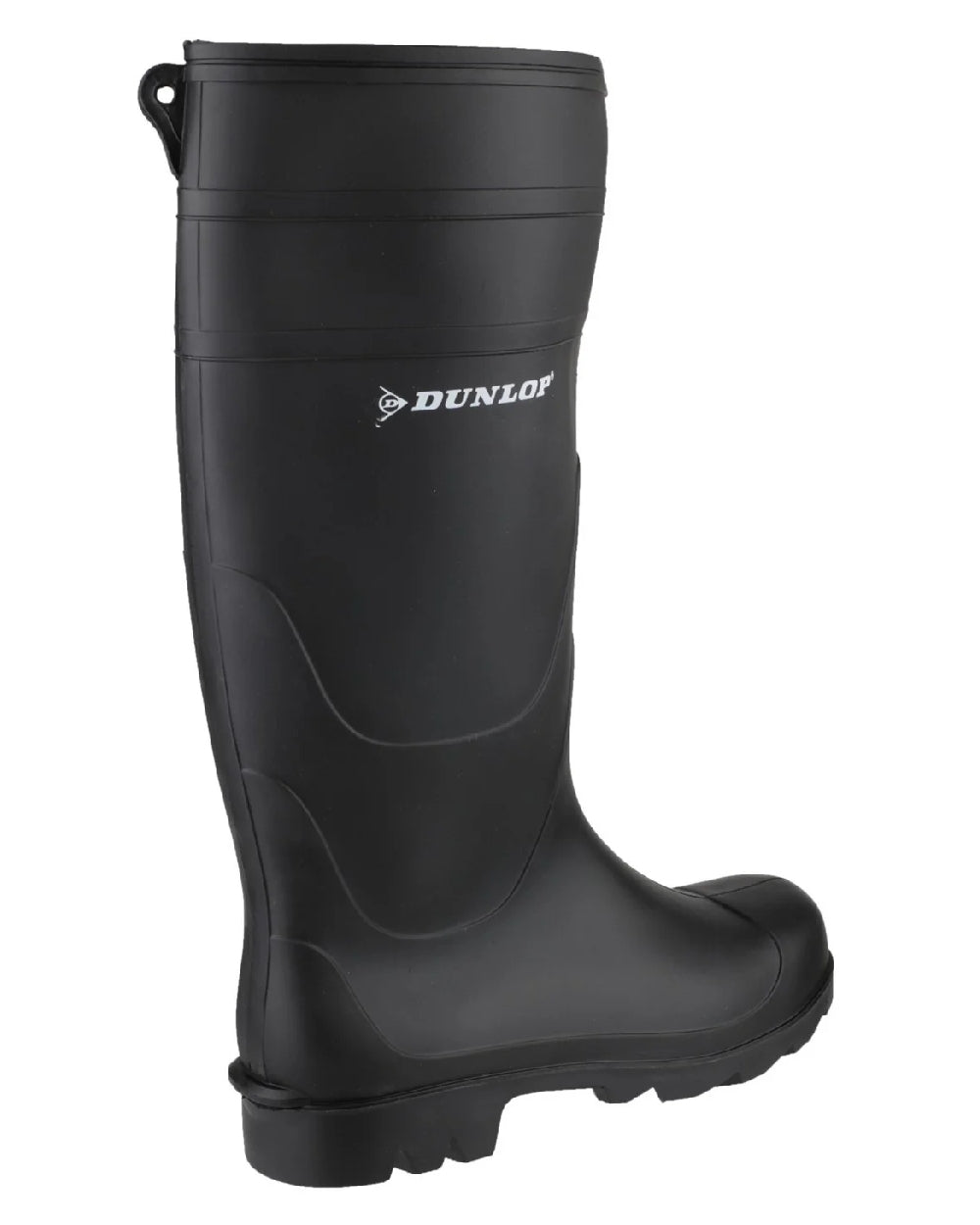 Black coloured Dunlop Universal Wellingtons on white background 