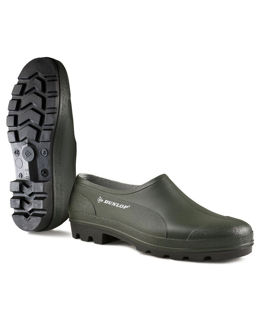 Green coloured Dunlop Waterproof Garden Wet Grass Shoe on white background 