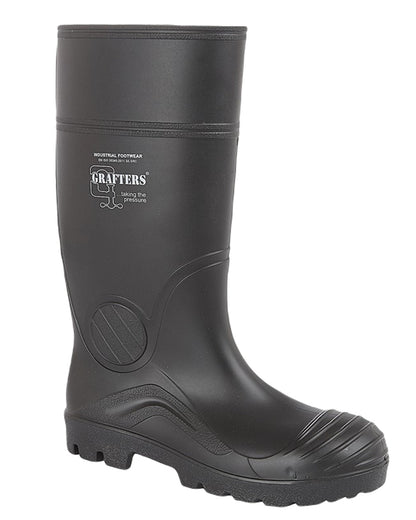 Black Coloured Grafters Full Length Safety Wellington Boots on White Background
