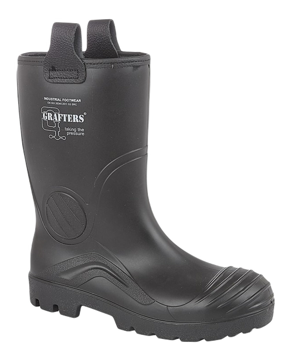 Black Coloured Grafters Full Safety Waterproof Rigger Wellington Boots on White Background
