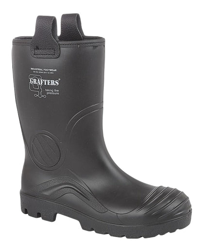 Black Coloured Grafters Full Safety Waterproof Rigger Wellington Boots on White Background
