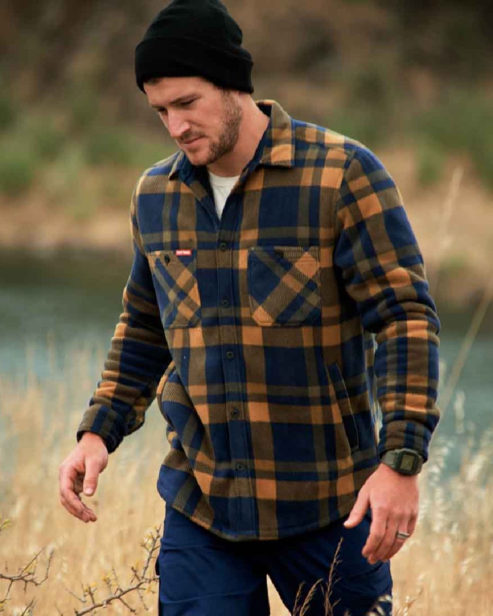 Oak Coloured Hard Yakka Mens Sherpa Jacket on River Background
