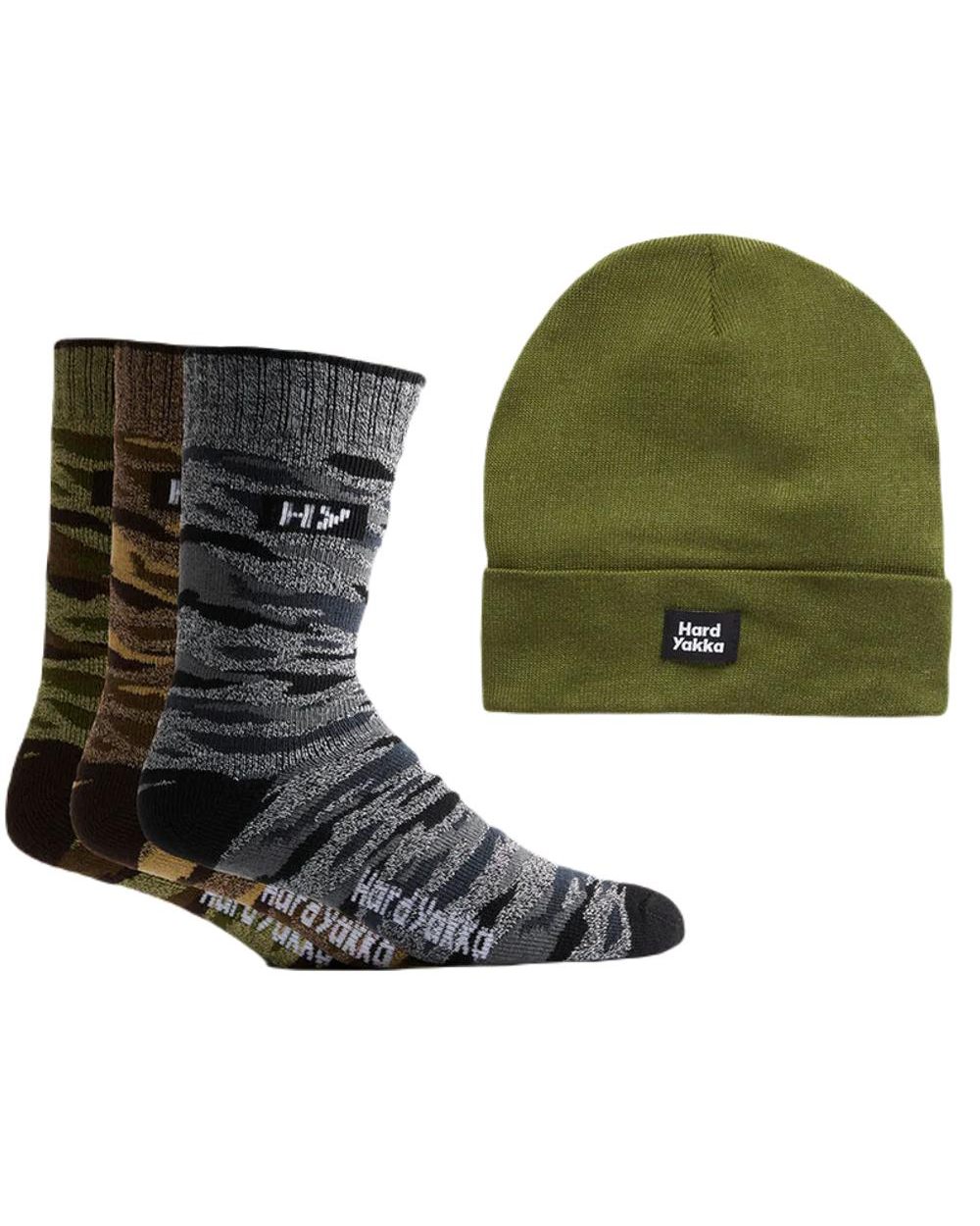 Multi Coloured Hard Yakka Crew Socks and Beanie Bundle on White Background
