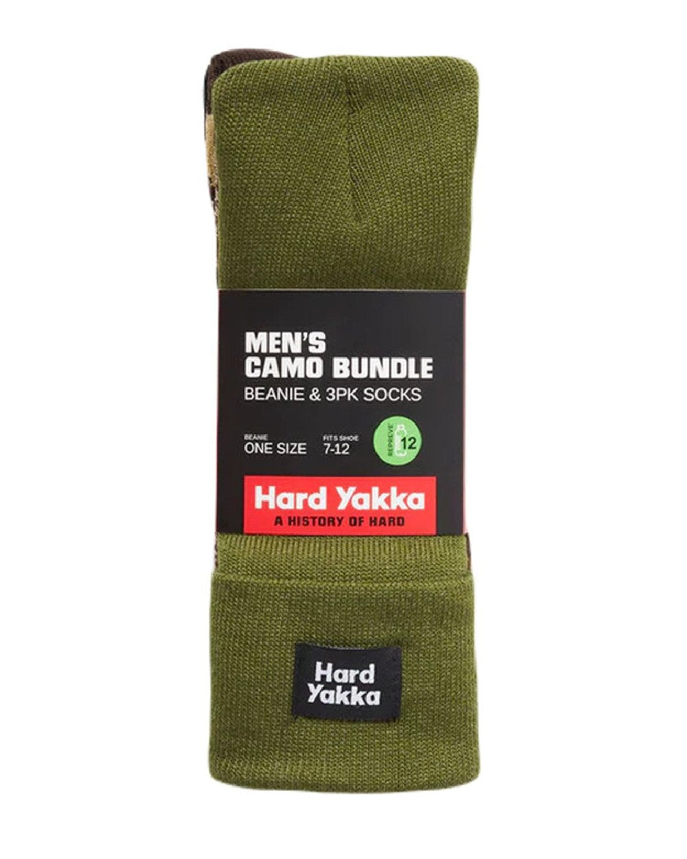 Mutil Coloured Hard Yakka Crew Socks and Beanie Bundle on White Background
