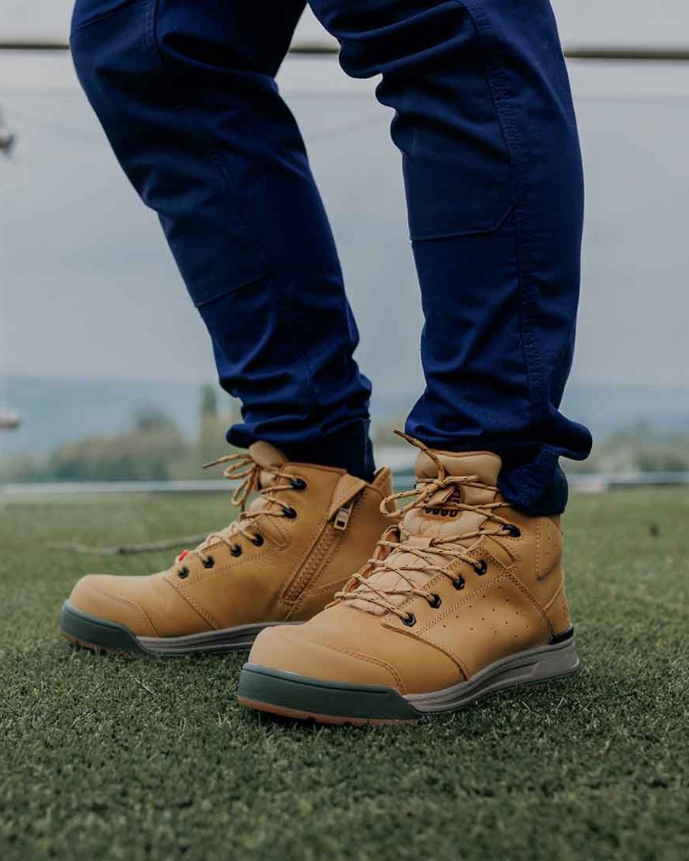 Wheat Coloured Hard Yakka  Mens 3056 Lace Zip Safety Boots on Outdoor Background
