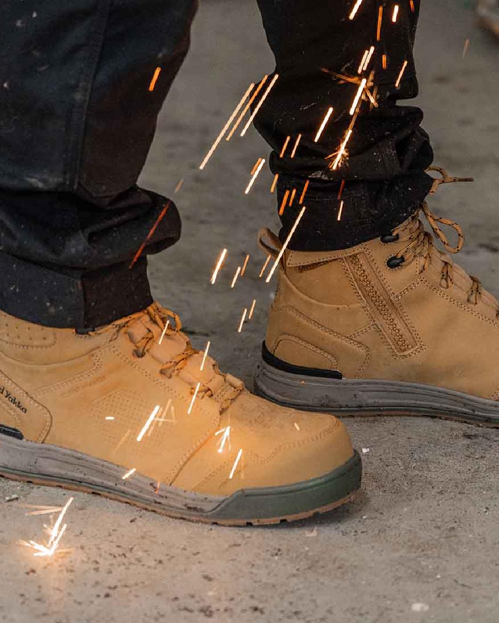 Wheat Coloured Hard Yakka  Mens 3056 Lace Zip Safety Boots on Indoor Background
