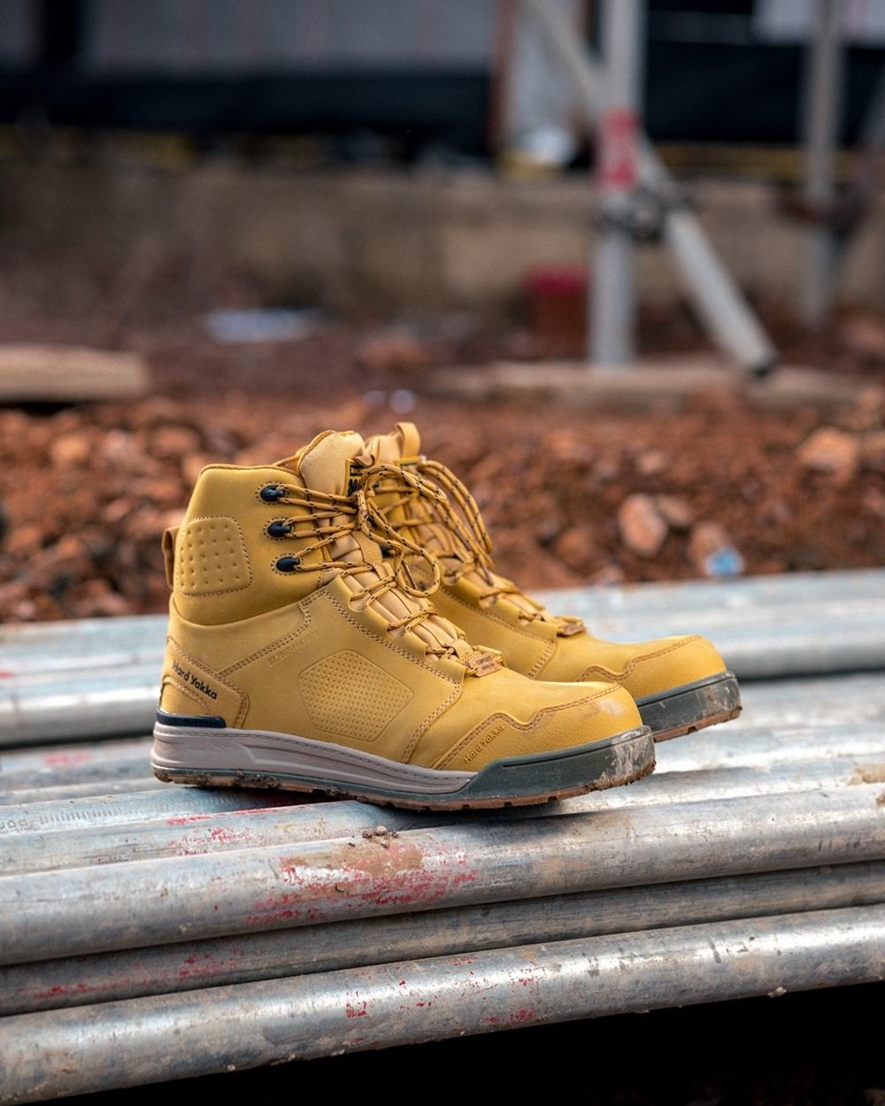 Wheat Coloured Hard Yakka Mens 3056 S7S 6 Safety Boots on Outdoor Background
