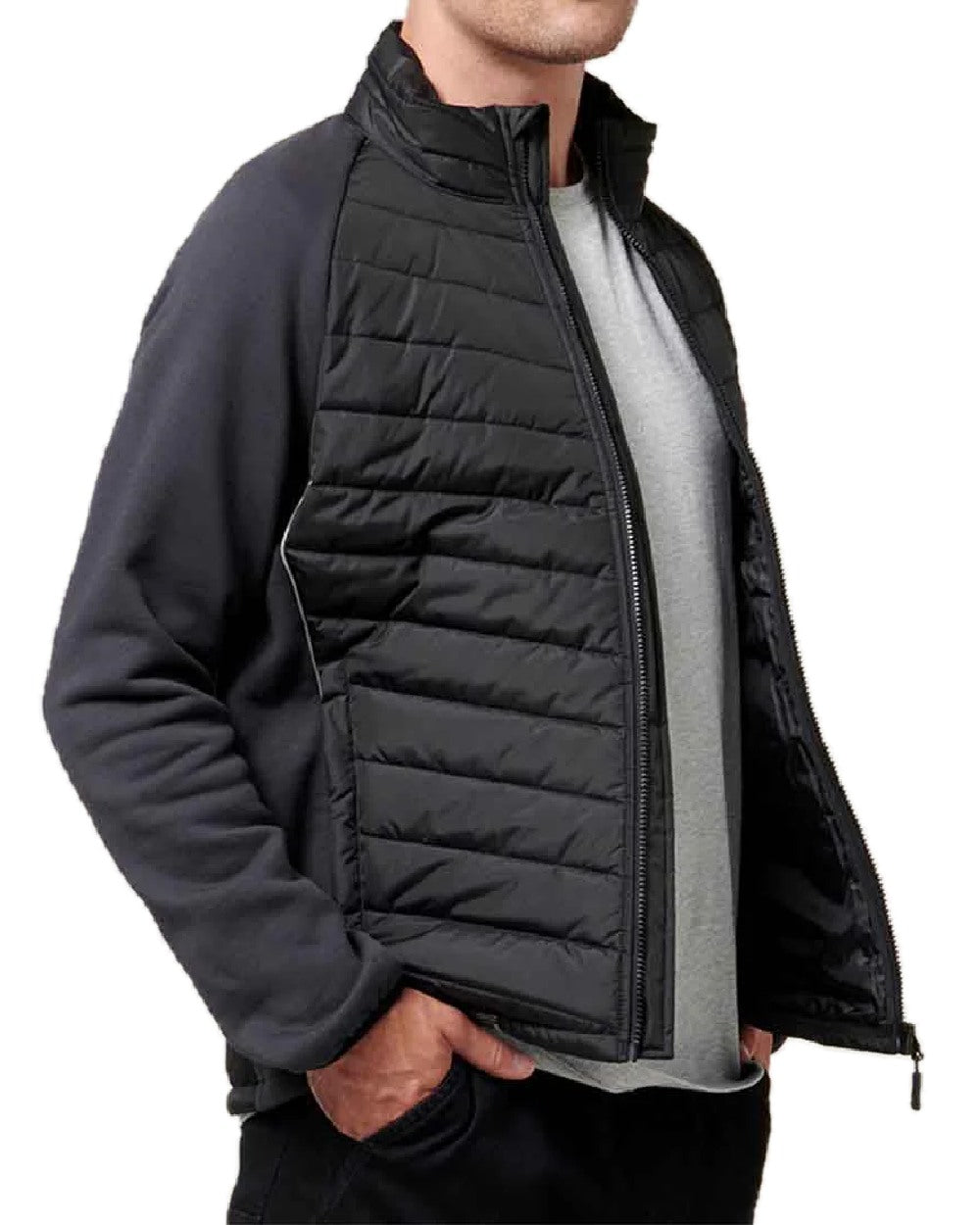 Black Coloured Hard Yakka Mens Apex Hybrid Jacket on White Background
