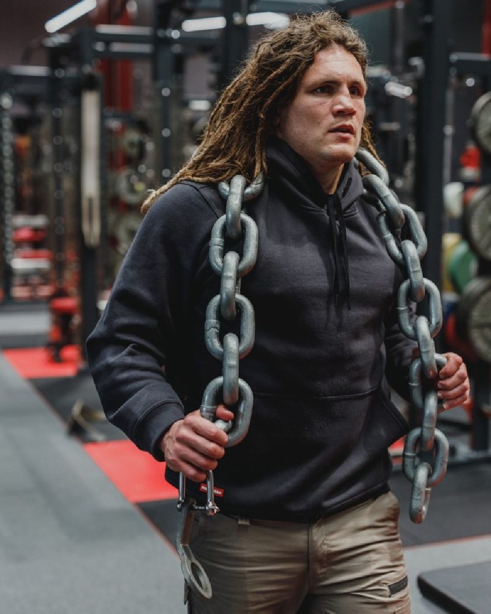 Grey Marle Coloured Hard Yakka Mens Brushed Fleece Hoodie on Gym Background
