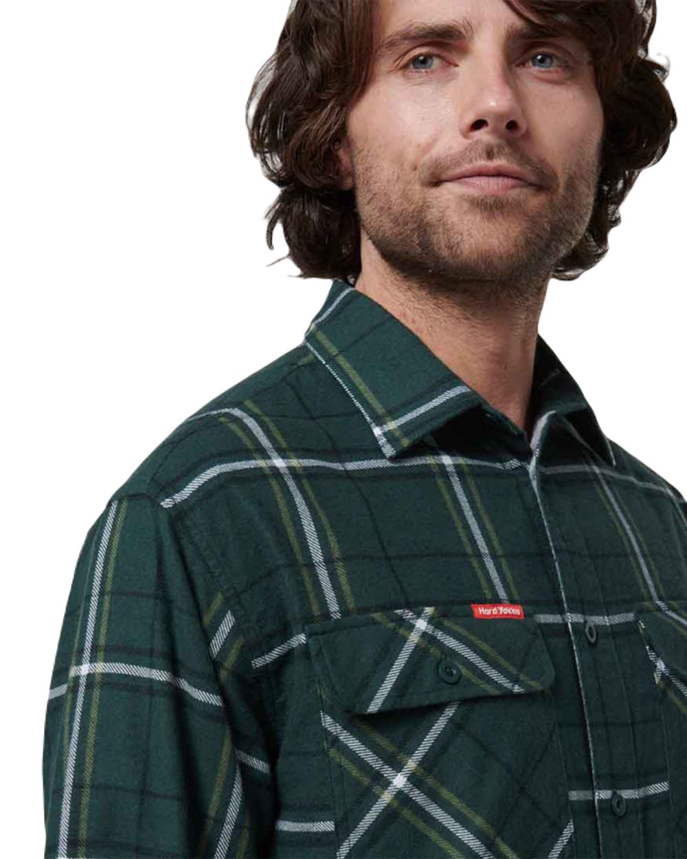 Green Coloured Hard Yakka Mens Lightweight Check Flannel Shirt on White Background
