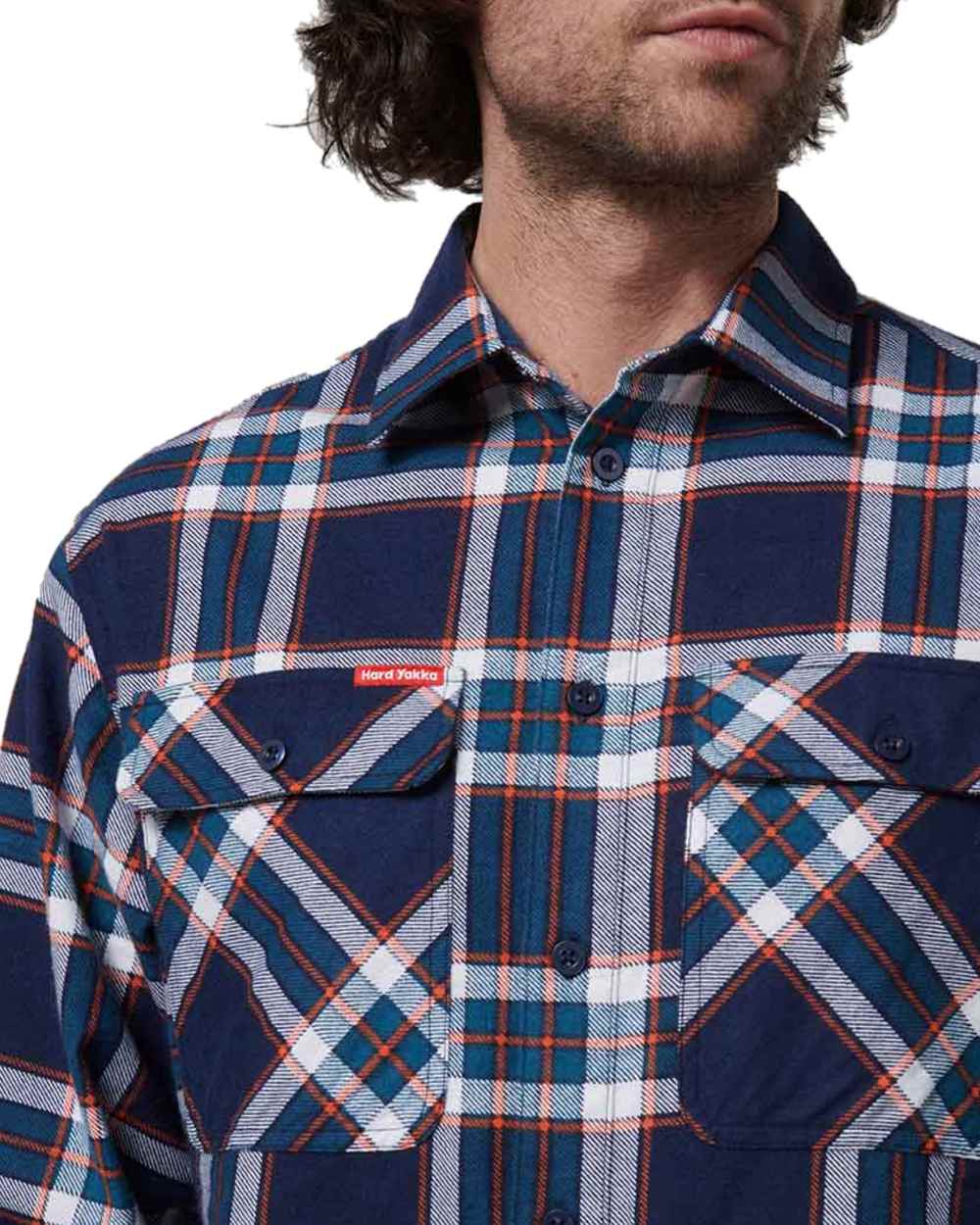 Navy Coloured Hard Yakka Mens Lightweight Check Flannel Shirt on White Background
