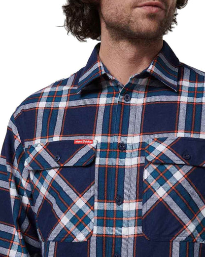 Navy Coloured Hard Yakka Mens Lightweight Check Flannel Shirt on White Background
