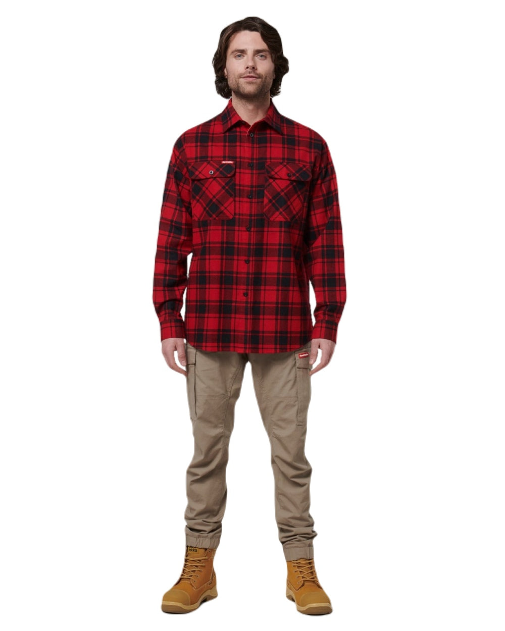 Red Coloured Hard Yakka Mens Lightweight Check Flannel Shirt on White Background
