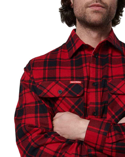Red Coloured Hard Yakka Mens Lightweight Check Flannel Shirt on White Background
