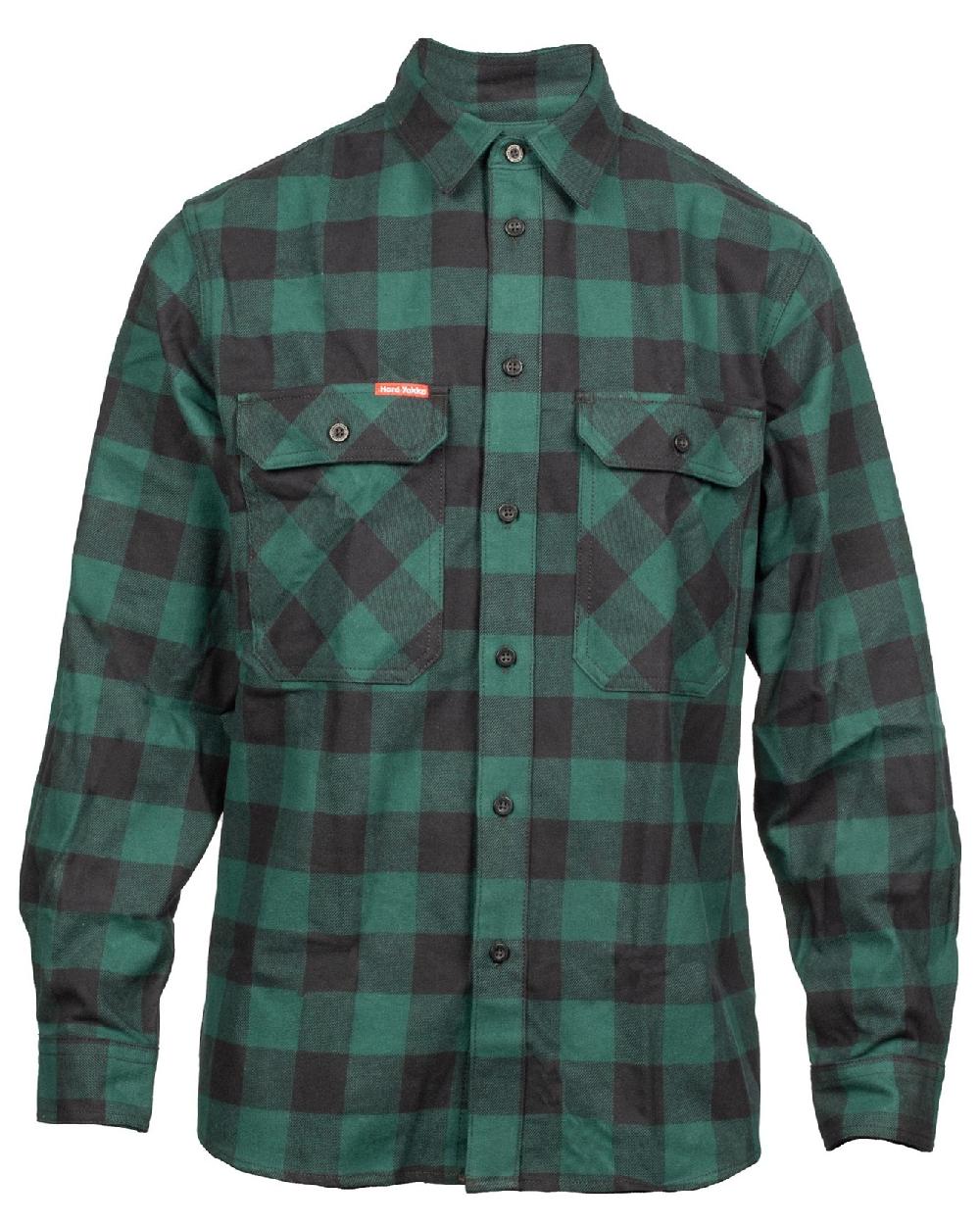Green Coloured Hard Yakka Mens Long Sleeve Check Flannel Shirt on White Background
