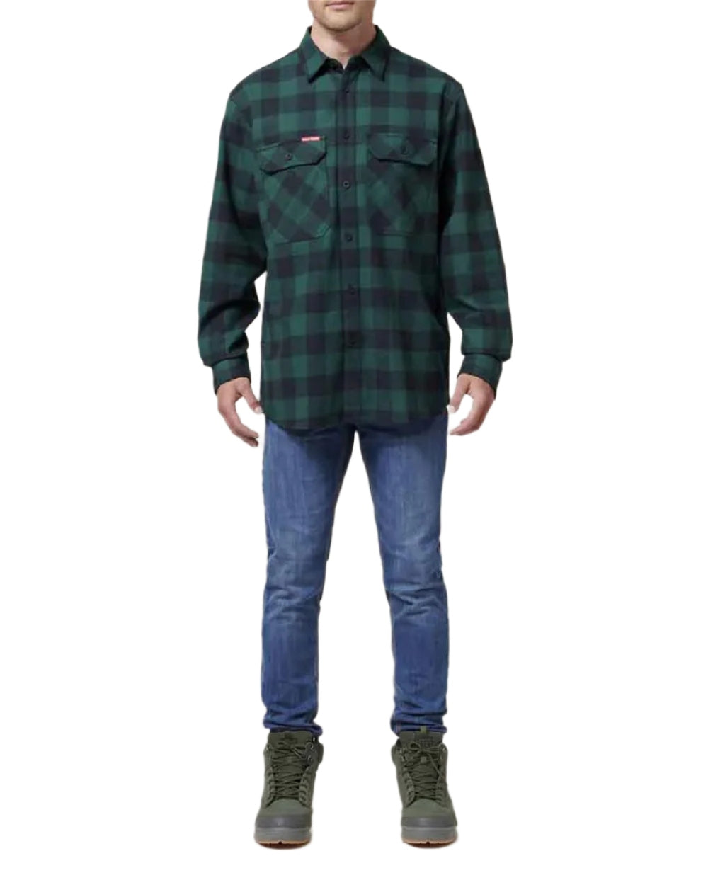 Green Coloured Hard Yakka Mens Long Sleeve Check Flannel Shirt on White Background
