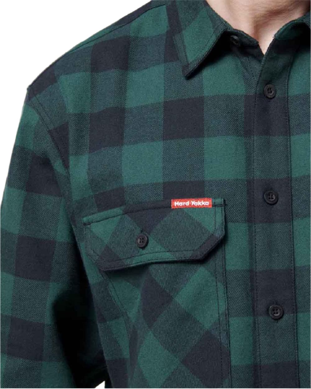 Green Coloured Hard Yakka Mens Long Sleeve Check Flannel Shirt on White Background
