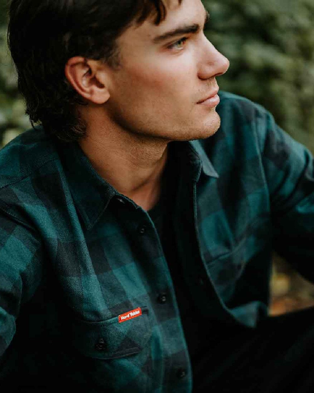 Green Coloured Hard Yakka Mens Long Sleeve Check Flannel Shirt on Outdoor Background
