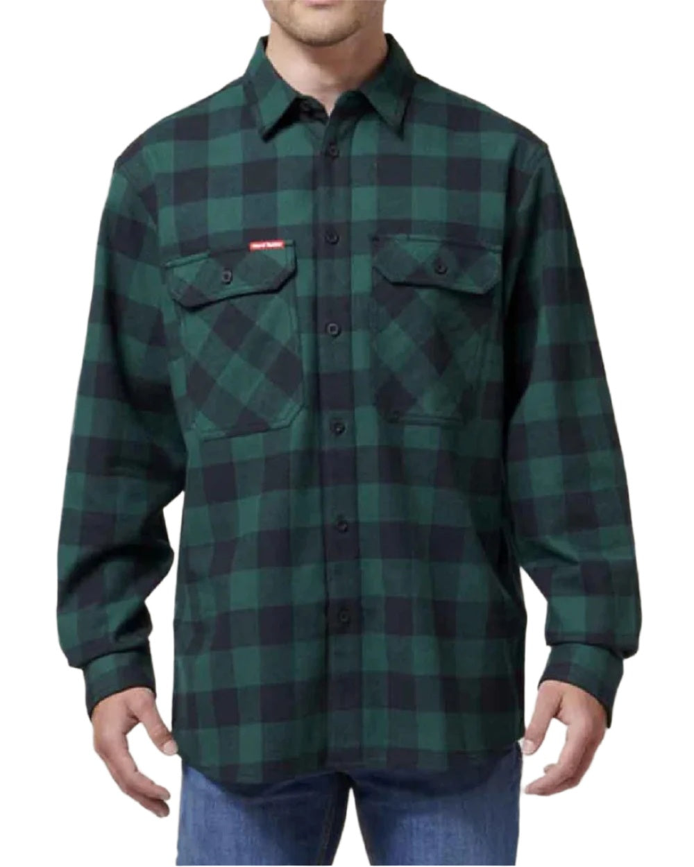 Green Coloured Hard Yakka Mens Long Sleeve Check Flannel Shirt on White Background
