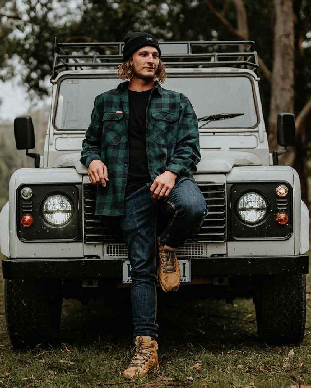Green Coloured Hard Yakka Mens Long Sleeve Check Flannel Shirt on Nature Background
