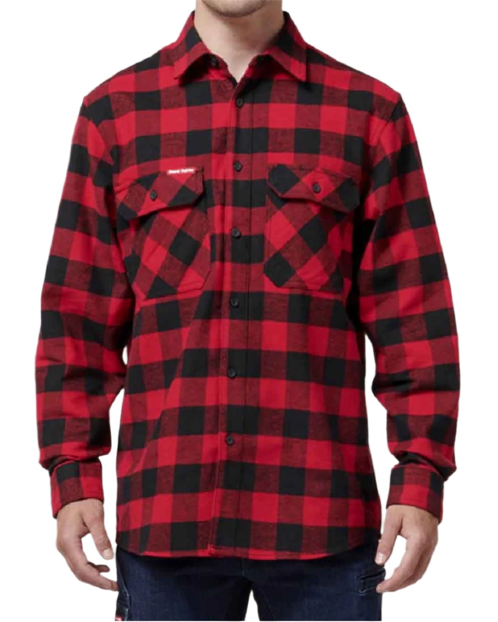 Red Coloured Hard Yakka Mens Long Sleeve Check Flannel Shirt on White Background
