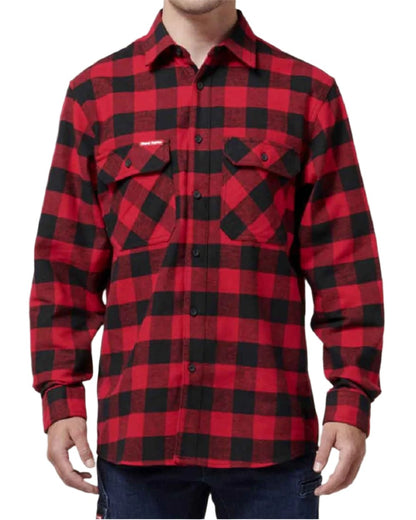 Red Coloured Hard Yakka Mens Long Sleeve Check Flannel Shirt on White Background
