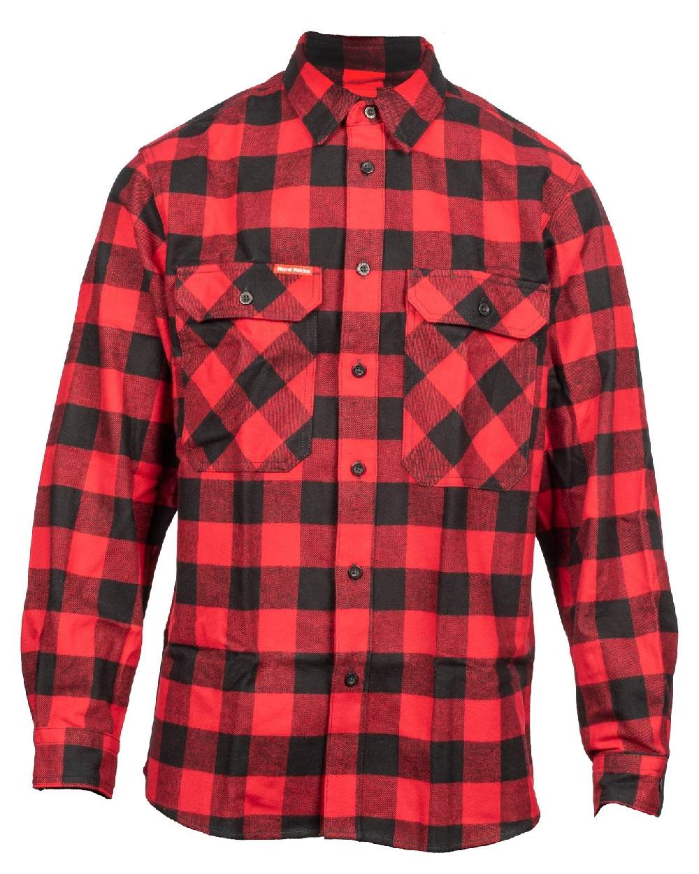 Red Coloured Hard Yakka Mens Long Sleeve Check Flannel Shirt on White Background
