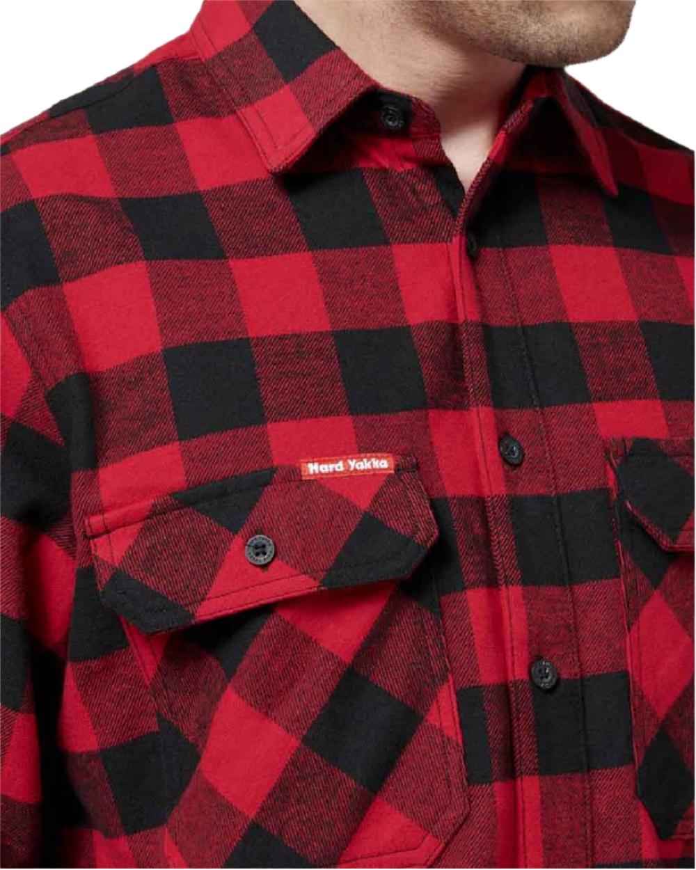 Red Coloured Hard Yakka Mens Long Sleeve Check Flannel Shirt on White Background
